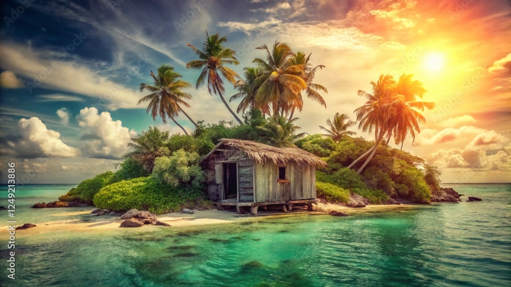 Naklejka premium Vintage Deserted Tropical Island Paradise: Sun-Kissed Shores & Lush Vegetation