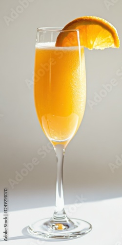 A delicate champagne flute filled with orange juice mimosa, set against a clean white background