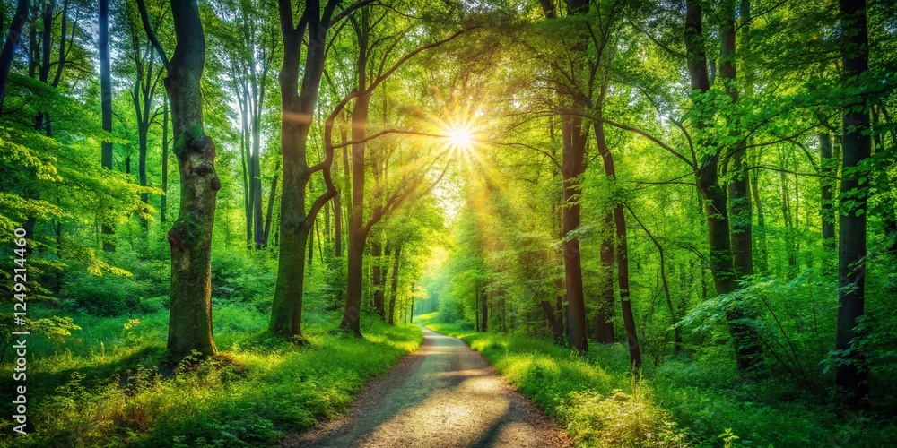 Fototapeta premium Vintage Forest Scene: Sunlit Path Through Lush Green Woods - Stock Photo