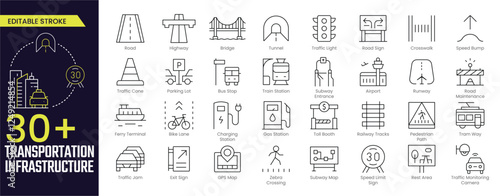 Transportation Infrastructure Stroke icon collections. Containing Road, Highway, Tunnel, Traffic, Airport, Bike Lane, Exit Sign, GPS Map, and more icons. Editable Stroke icon collection Outline icon