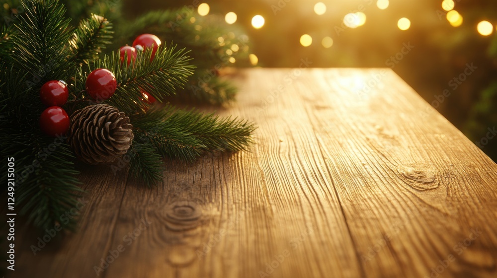 Festive Wooden Table With Evergreen Branches and Christmas Ornaments Festive Wooden Table With Evergreen Branches and Christmas Ornaments