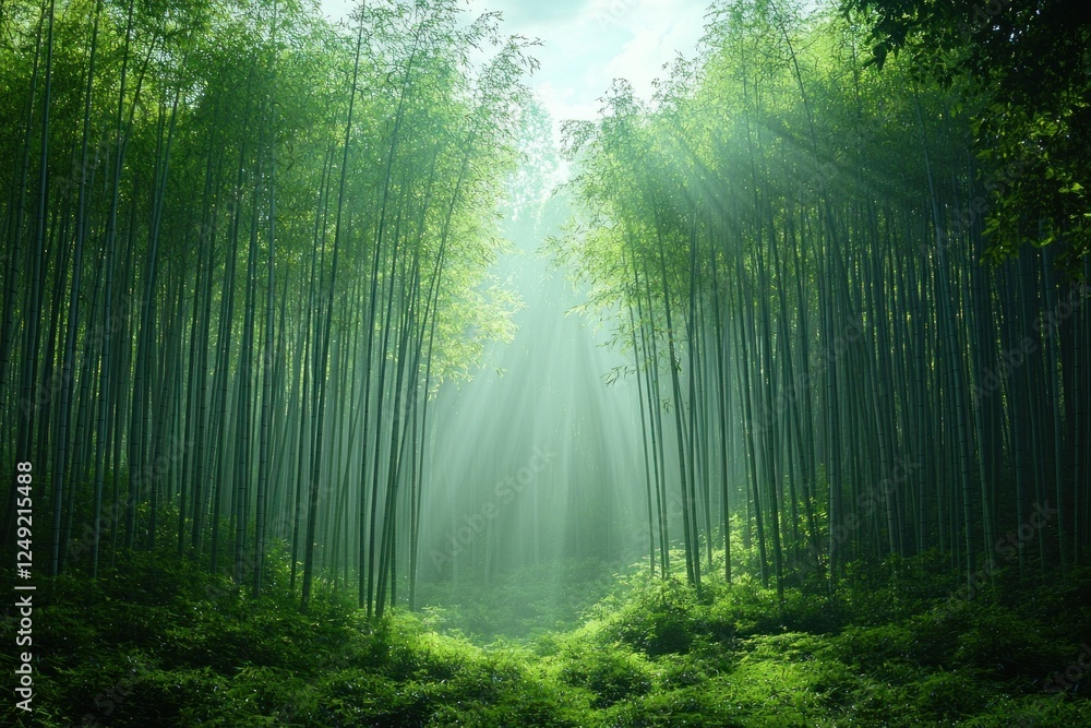Fototapeta premium Serene Bamboo Forest with Sunlight Streaming Through Lush Greenery