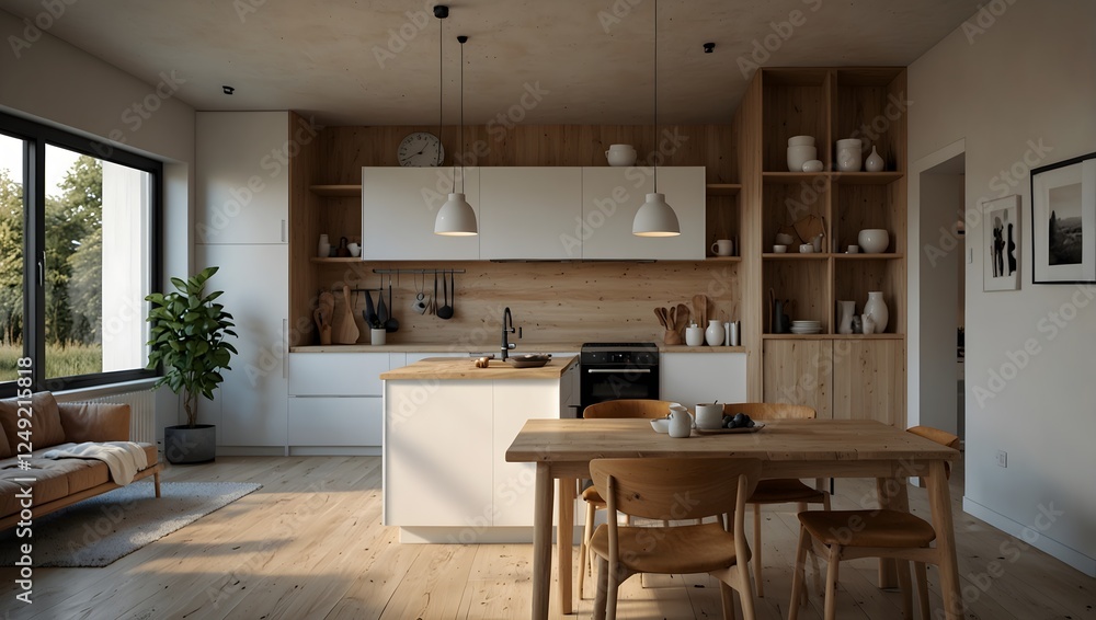 Fototapeta premium Modern kitchen with clean lines, light wood cabinets, and a white island illuminated by natural light