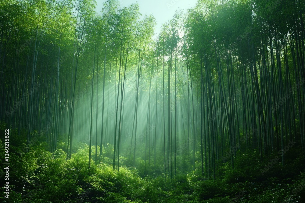 Fototapeta premium Lush bamboo forest with sunlight streaming through, creating a serene atmosphere