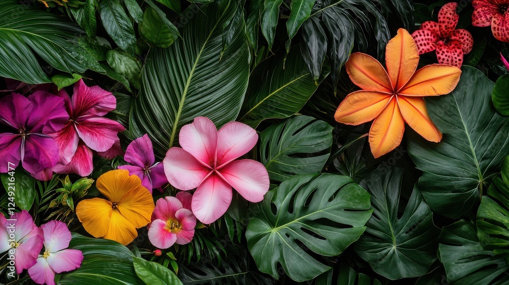 A vibrant arrangement of various colorful flowers and lush green leaves, creating a lively and tropical atmosphere. A vibrant arrangement of various colorful flowers and lush green leaves, creating a lively and tropical atmosphere.
