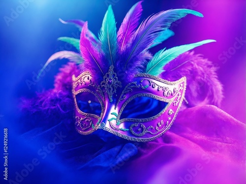 Elegant Brazilian mardi gras carnival party mask with feathers in purple pink blue colors with dreamy magical fantasy smokey majesty background photo