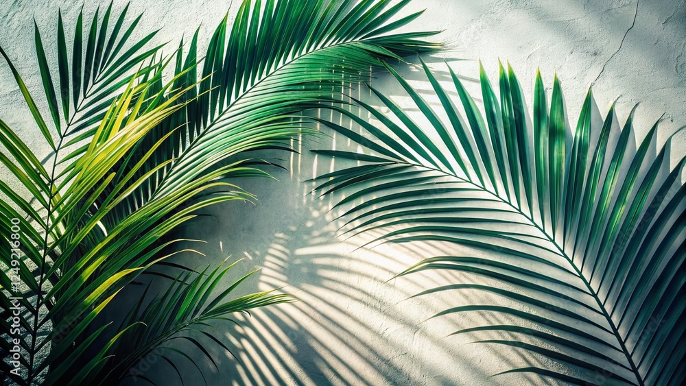 Obraz premium Vintage Palm Frond Shadows on White Wall - Retro Summer Stock Photo