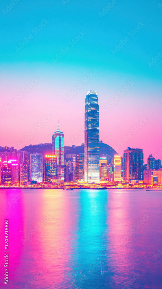 Fototapeta premium Vibrant city skyline with glowing urban lights at sunset