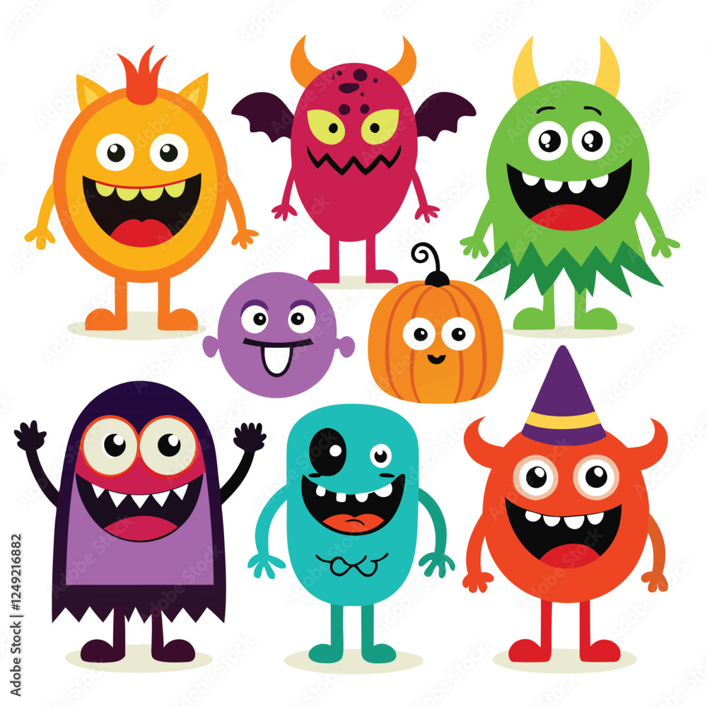 Fototapeta premium Cute Cartoon Halloween Monsters Vector Illustration: Funny Colorful Monster Characters for Kids, Party Decorations, & Graphic Design