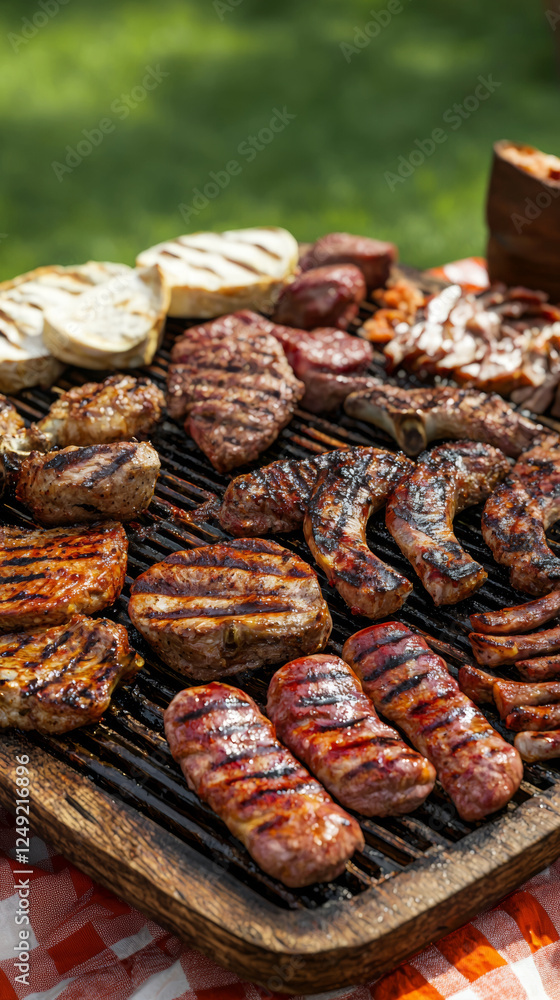 variety of grilled meats, including sausages, steaks, and ribs, on barbecue grill outdoors variety of grilled meats, including sausages, steaks, and ribs, on barbecue grill outdoors