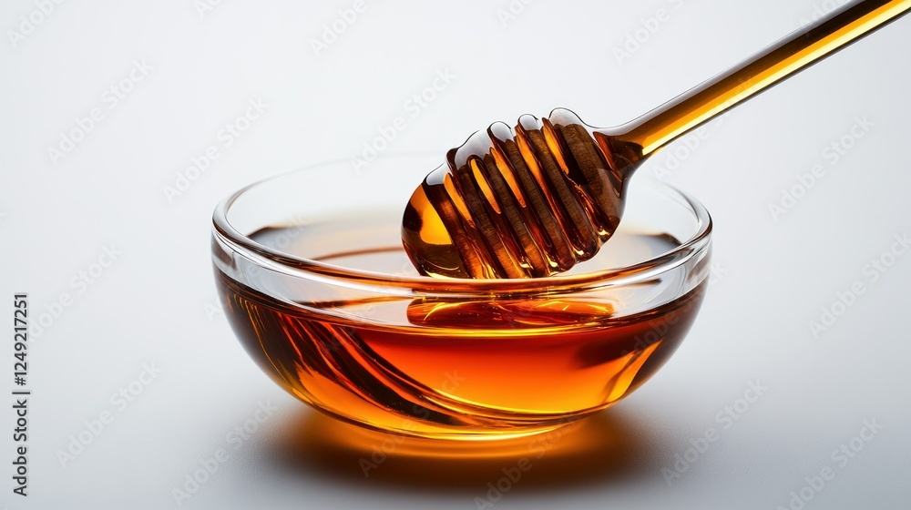 Golden Honey in Glass Bowl with Dipper on White Background Golden Honey in Glass Bowl with Dipper on White Background