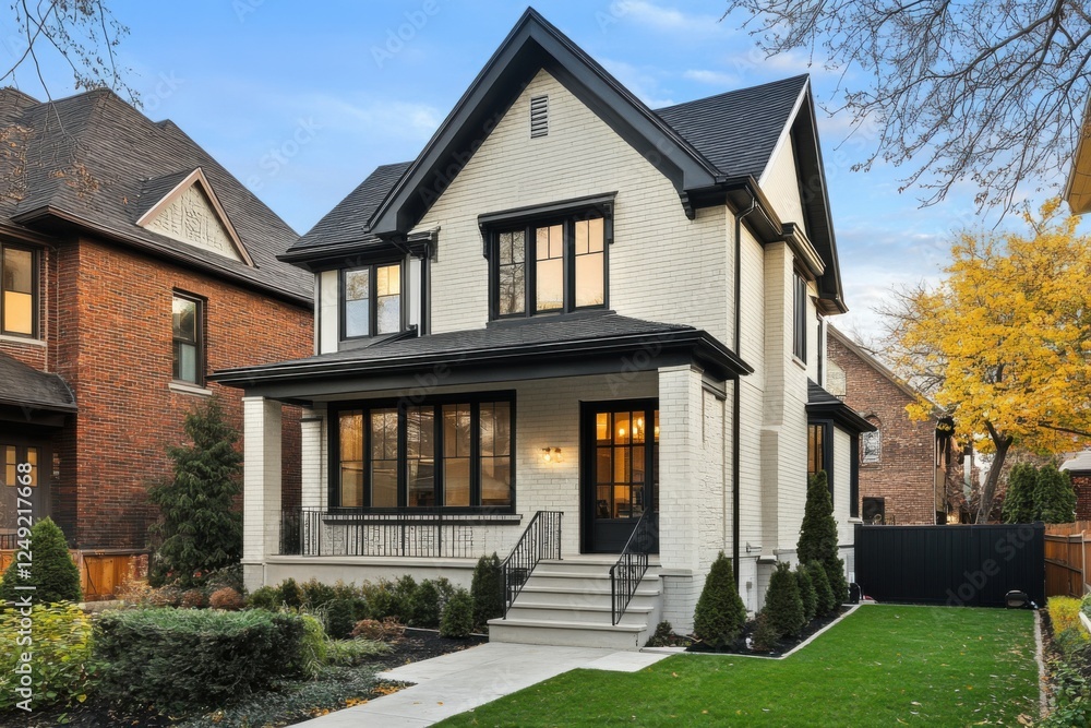 Obraz premium This contemporary family residence boasts delightful architectural features and is nestled in a peaceful neighborhood, adorned with autumn foliage during the enchanting dusk hours