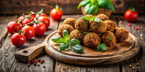 Wallpaper Mural Vintage Photo: Fresh Falafel, Tomatoes & Basil on Rustic Wooden Board Torontodigital.ca