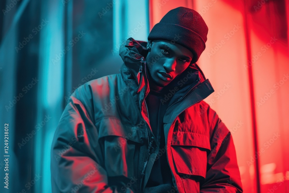 A cinematic streetwear fashion shot with deep red and blue tones, highlighting texture and movement A cinematic streetwear fashion shot with deep red and blue tones, highlighting texture and movement