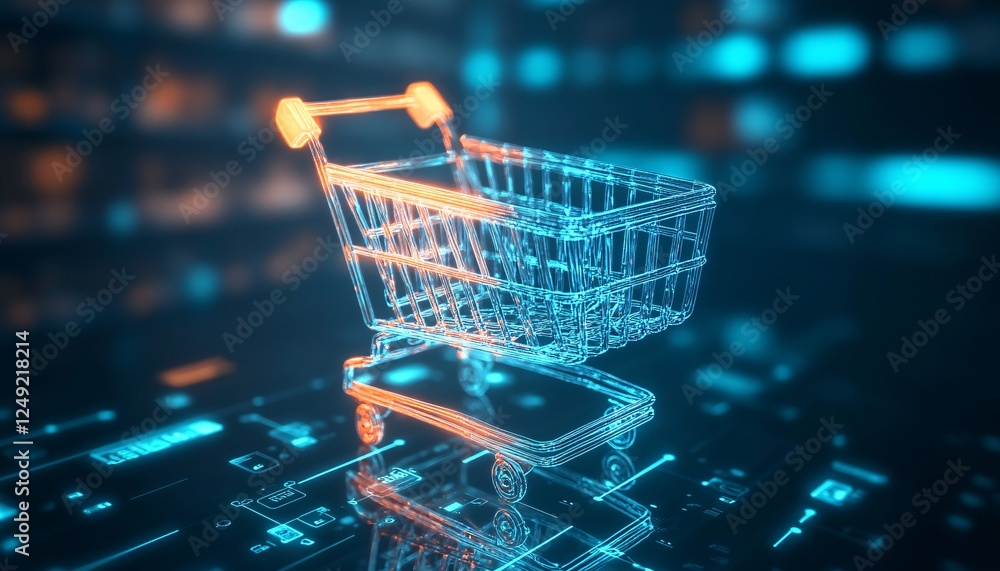 Glowing digital shopping cart representing online retail innovation, showcasing the integration of business technology in e-commerce environments. Glowing digital shopping cart representing online retail innovation, showcasing the integration of business technology in e-commerce environments.