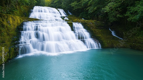 A serene waterfall cascades down rocky tiers into a tranquil turquoise pool, surrounded by lush greenery, creating a peaceful natural oasis.