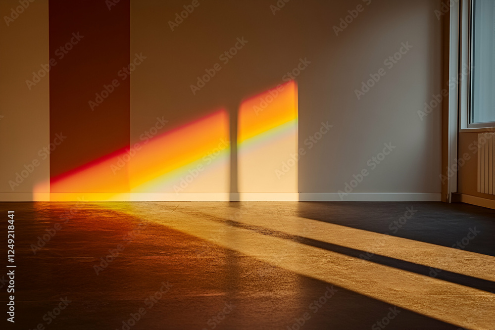 A serene interior scene featuring warm sunlight streaming through a window, casting vibrant shadows on a minimalist floor A serene interior scene featuring warm sunlight streaming through a window, casting vibrant shadows on a minimalist floor