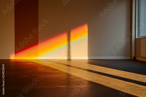 Wallpaper Mural A serene interior scene featuring warm sunlight streaming through a window, casting vibrant shadows on a minimalist floor Torontodigital.ca