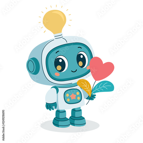 A cute robot with a glowing light bulb, holding a heart-shaped flower in a modern flat style, symbolizing innovation, kindness, and technology with a human touch.