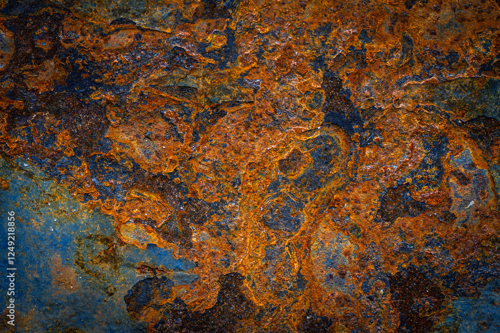 Rusty metal surface with shabby background paint. Blue cracked paint texture on an iron sheet. Fragment of an old metal door, Metal corrosion. Rusty metal surface with shabby background paint. Blue cracked paint texture on an iron sheet. Fragment of an old metal door, Metal corrosion.