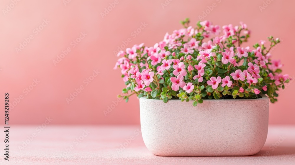 Pink Flower Pot with Delicate Blooms Against Soft Pink Background Pink Flower Pot with Delicate Blooms Against Soft Pink Background