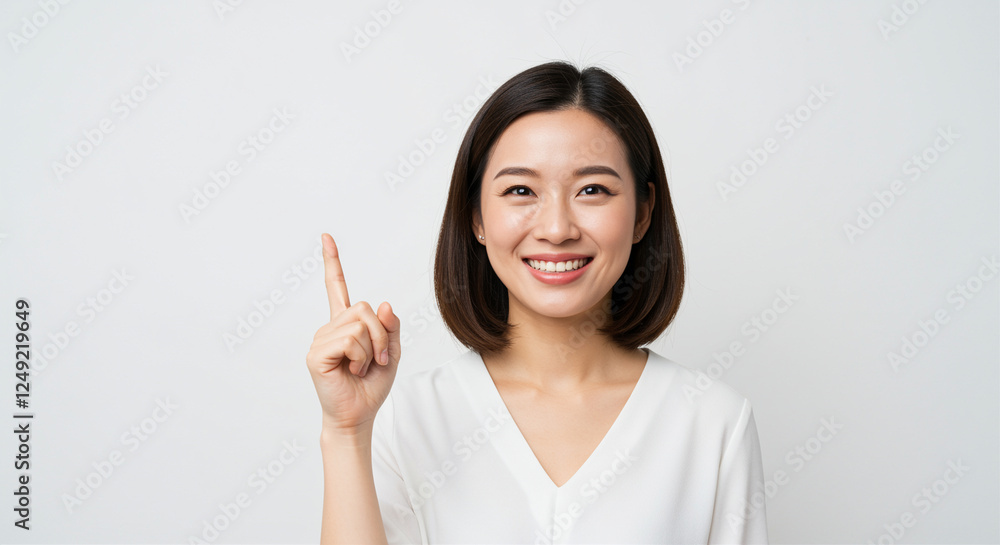Person smiling and gesturing hand with happy expression in white background Person smiling and gesturing hand with happy expression in white background