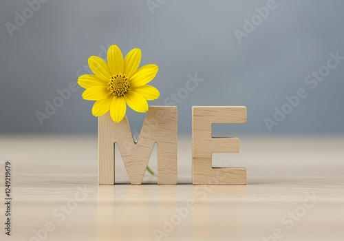 Flower and letters me identity self wooden letters with yellow flower on a table photo