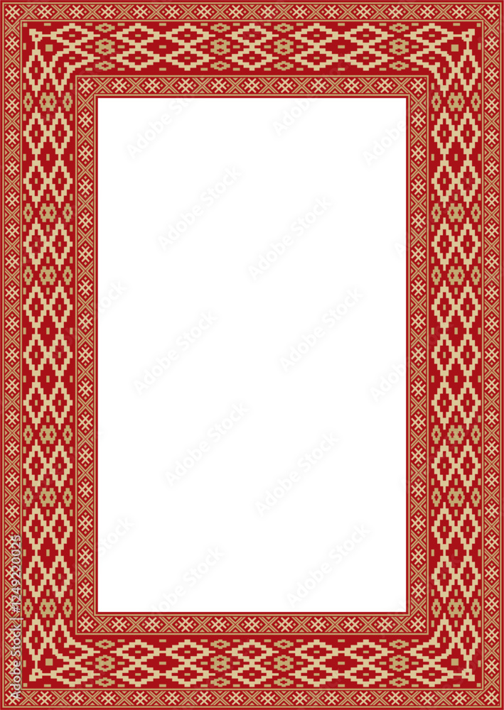 Obraz premium Vector red gold square belarusian national ornament frame. Ethnic pattern rectangle of Slavic peoples, Russian, Ukrainian, Serb, Pole, Bulgarian. Cross stitch template