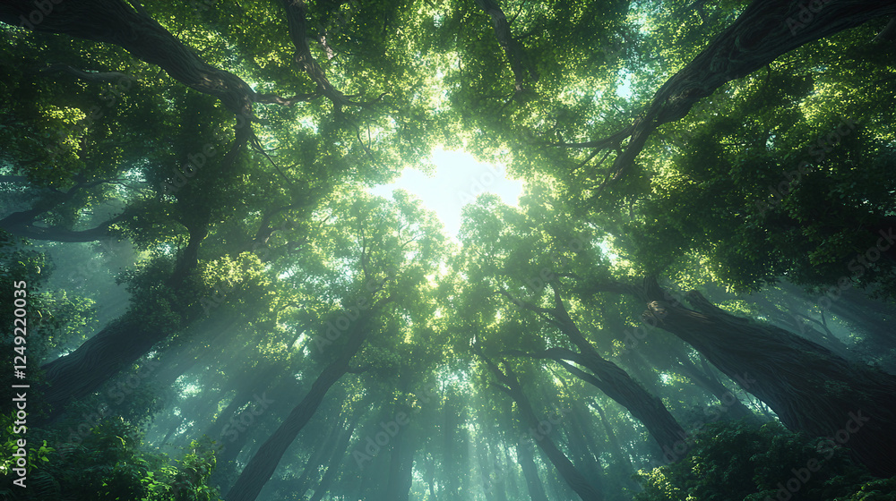 Obraz premium Looking up at the lush green tops of tropical forest trees, forming a dense canopy overhead. The towering trees have thick, textured trunks and sprawling branches covered in vibrant green leaves