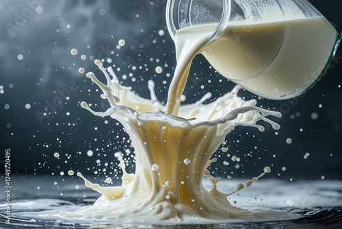 Dynamic Flow of Fresh Milk and Cream with Captivating Pouring Splash photo