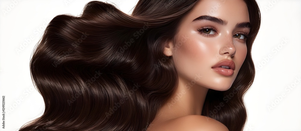 Obraz premium A captivating beauty portrait of a flawless model, an editorial fashion shoot. Insanely detailed photo of a beautiful woman with long hair, on a light background. Generative AI
