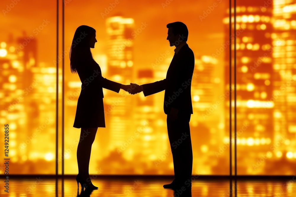Business Partnership Agreement Silhouette Against Urban Sunset