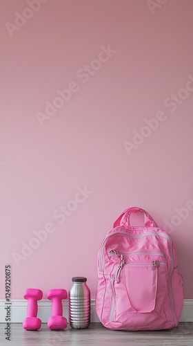 Pink Gym Backpack and Dumbbells on Pink Wall photo