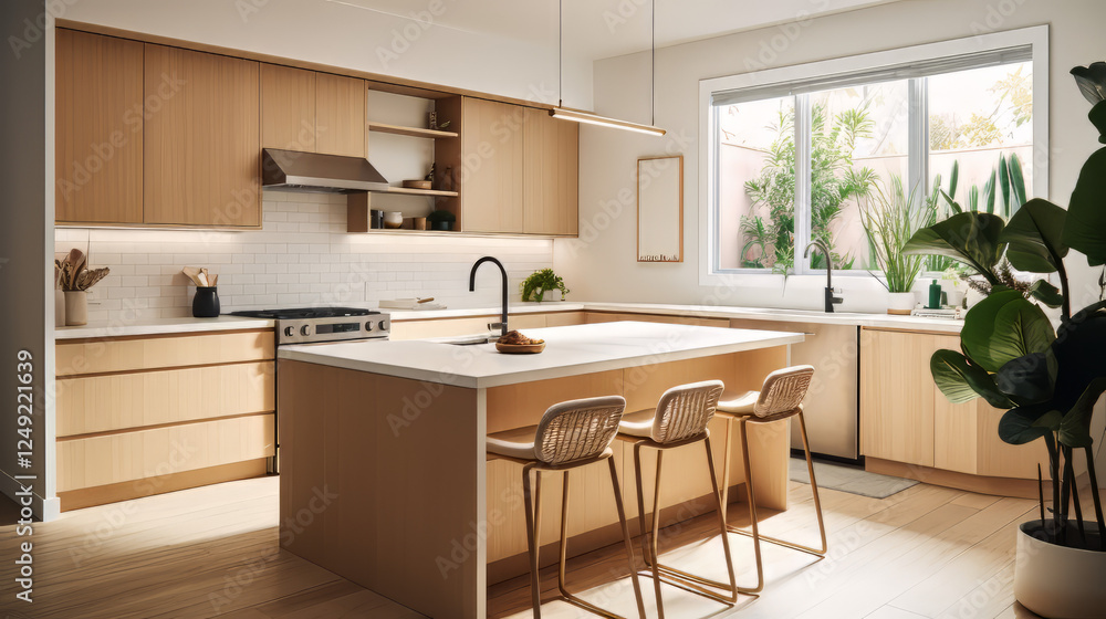 A Japandi-inspired kitchen with light wooden cabinets, white quartz countertops, and a neutral backsplash A Japandi-inspired kitchen with light wooden cabinets, white quartz countertops, and a neutral backsplash