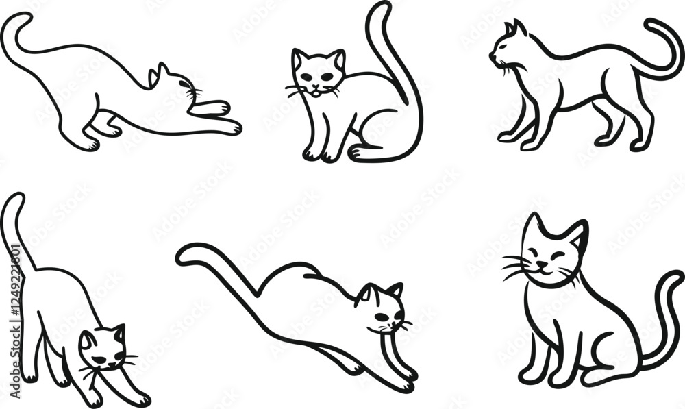 Naklejka premium Cats Doodles Set – Outline Cat Poses, Cute Vector Line Cat Collection, Silhouette Cat Bundle, Hand-Drawn Kitty Sketches, Minimalist Feline Illustration