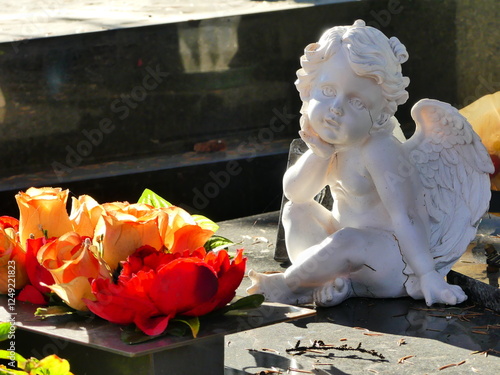 Petit ange fleurs tombe cimetière photo