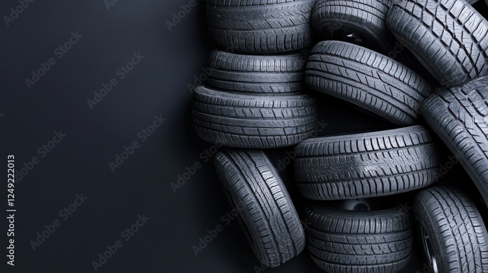 Piled Black Rubber Tires on Dark Background for Automotive and Tire Industry Use Piled Black Rubber Tires on Dark Background for Automotive and Tire Industry Use