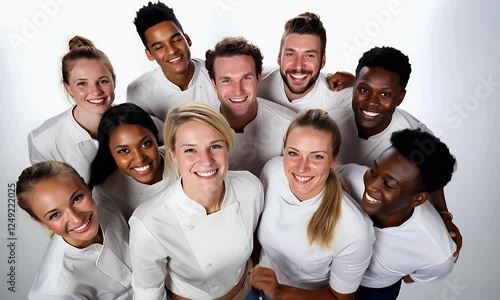 Diverse culinary team smiling, studio shot, white background, teamwork