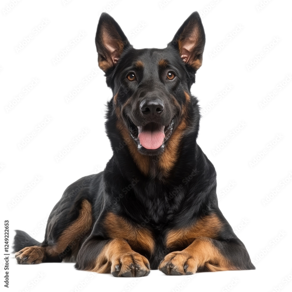 Beauceron Dog Lying Down, Isolated on White Beauceron Dog Lying Down, Isolated on White