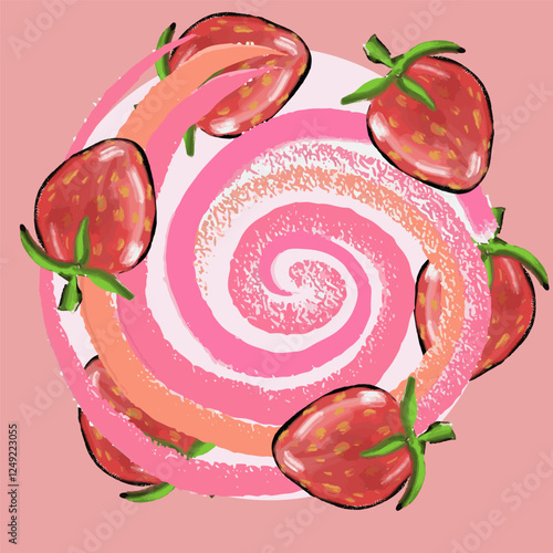 Strawberries in circle, swirls with brush texture. Vector, isolated, hand draw doodle.