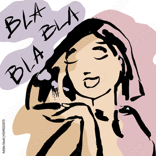 Woman with ink brush texture, hand draw. Vector graphics, isolated. Funny and colorful illustration.