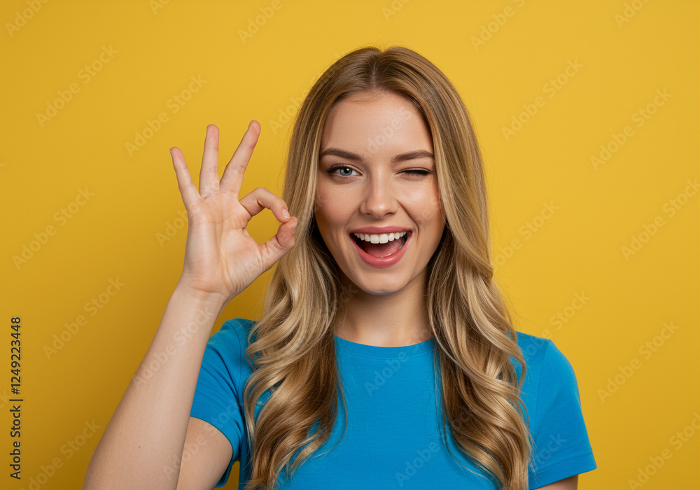 Young woman smiling and gesturing OK with a happy expression against a yellow background Young woman smiling and gesturing OK with a happy expression against a yellow background
