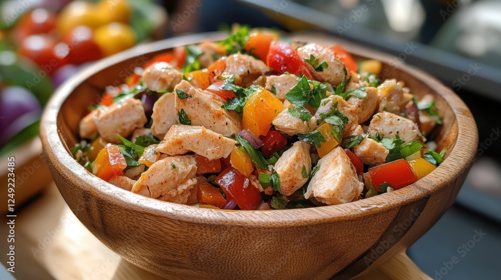 Fresh chicken salad served in a rustic wooden bowl, perfect for a light and healthy meal. Fresh chicken salad served in a rustic wooden bowl, perfect for a light and healthy meal.