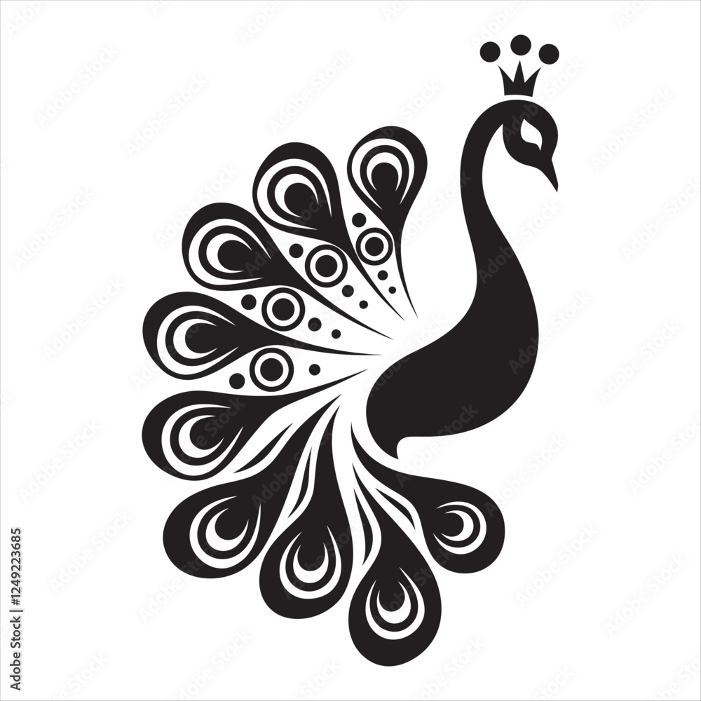 Exotic Peacock Bird Silhouette with Flowing and Detailed Feathers Exotic Peacock Bird Silhouette with Flowing and Detailed Feathers