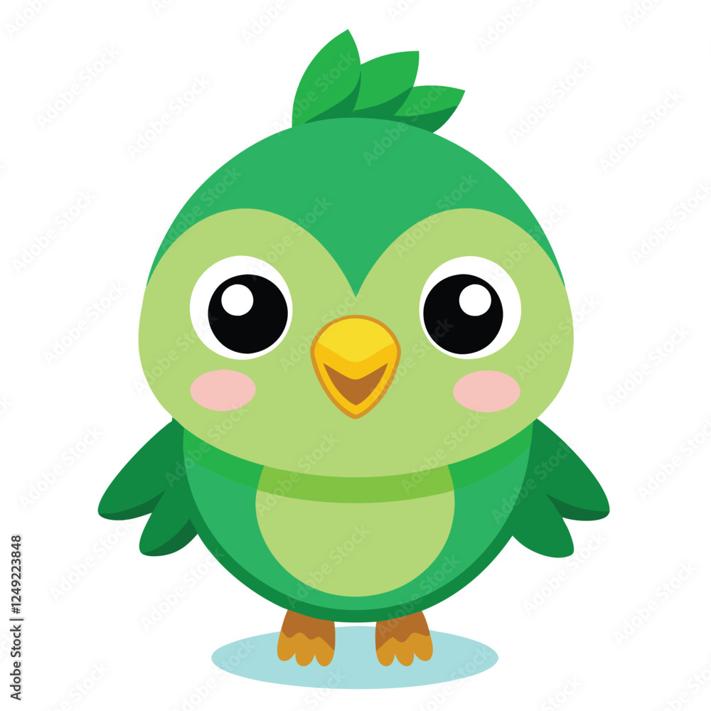 Fototapeta premium Cute Green Bird Cartoon Illustration: Adorable Kawaii Style Birdie Vector Graphic for Kids, Nature, and Animal Lovers