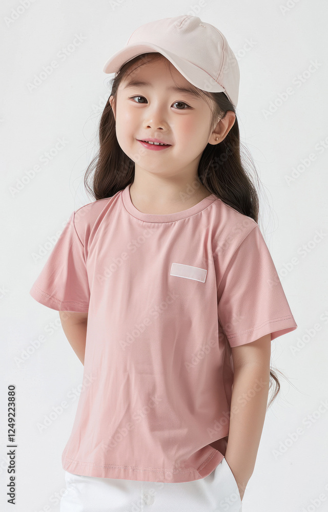 cute little girl wearing pink short sleeved T-shirt on white background cute little girl wearing pink short sleeved T-shirt on white background