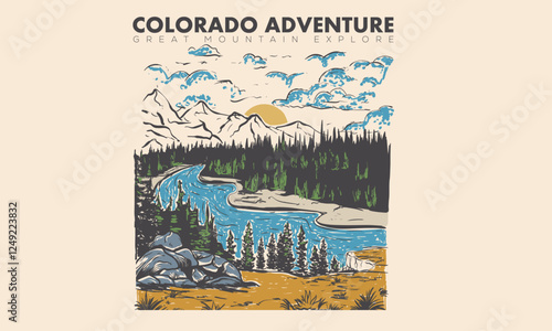 Colorado adventure. The great outdoor. Take a hike vector print design. Wild lake artwork for posters, stickers, background and others. Outdoor vibes illustration. Adirondack Mountains.