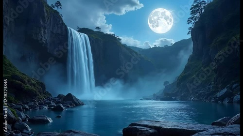 Majestic Waterfall at Night with Full Moon - Nature Landscape Video Footage - Serene Night