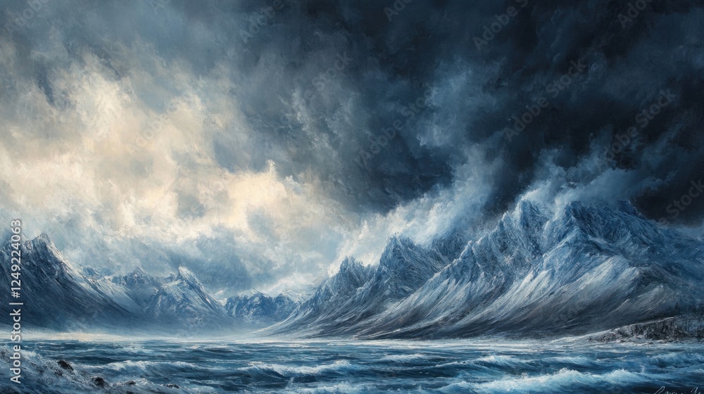 Fototapeta premium A dramatic winter storm rolling over the mountains, dark clouds meeting the icy peaks