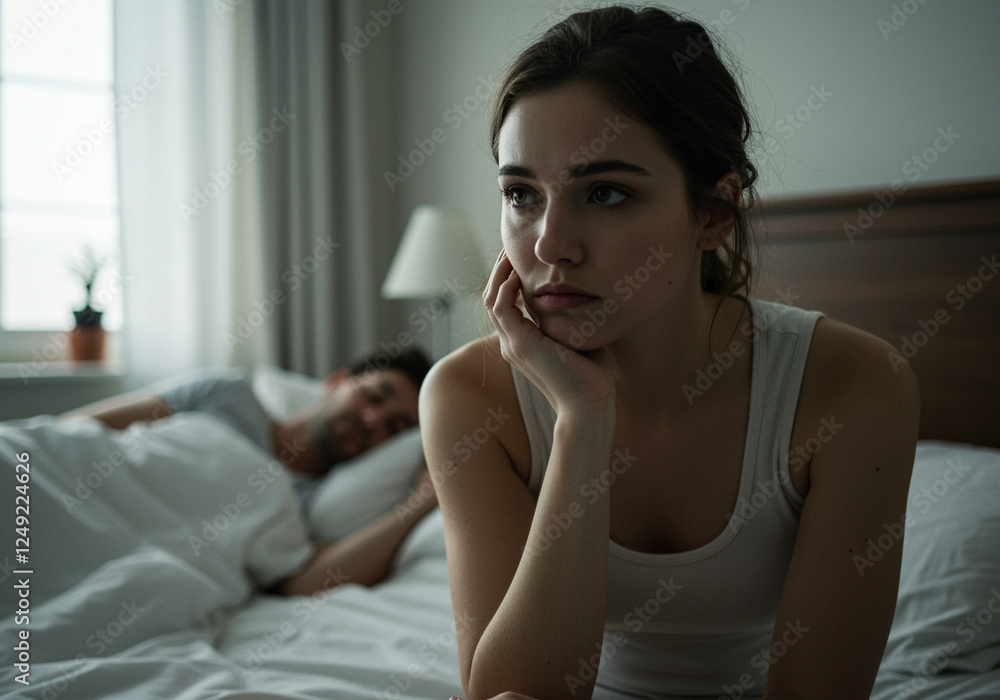 Woman experiencing emotional distress in couple conflict on bed with man sleeping in the background Woman experiencing emotional distress in couple conflict on bed with man sleeping in the background